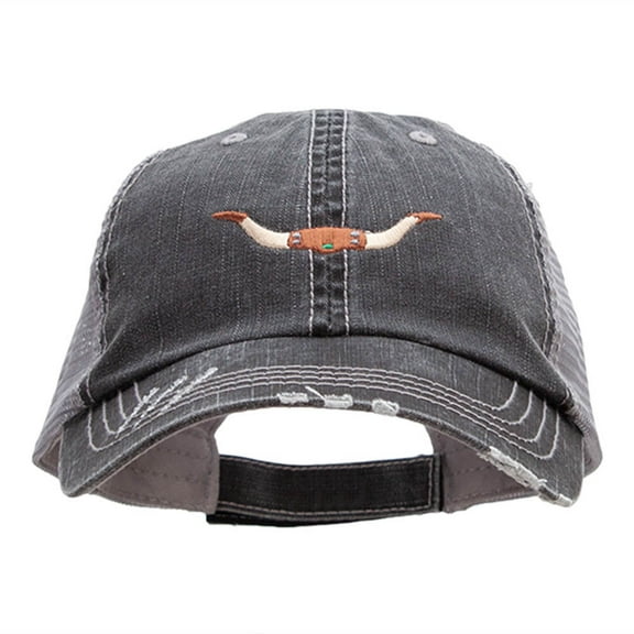 Steer Horns Embroidered Frayed Mesh Cap - Black OSFM