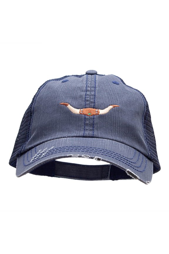 Steer Horns Embroidered Frayed Mesh Cap - Navy OSFM
