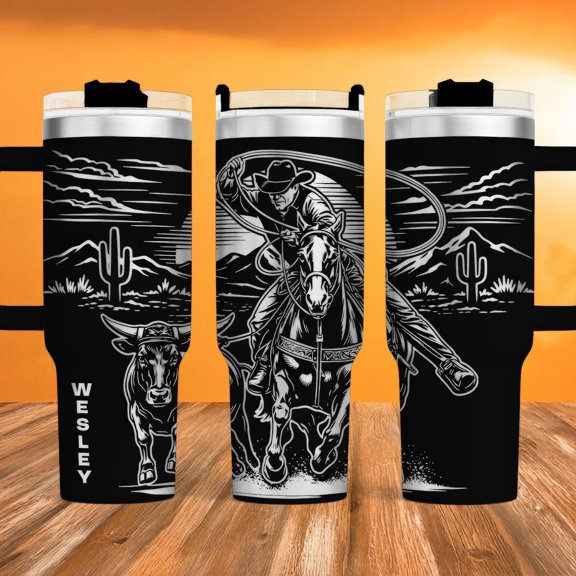 Steer Roping Tumbler, Western Rodeo Cup, 40oz, Stainless Steel Insulated Cup, Travel Mug with Handle, Gift Cup