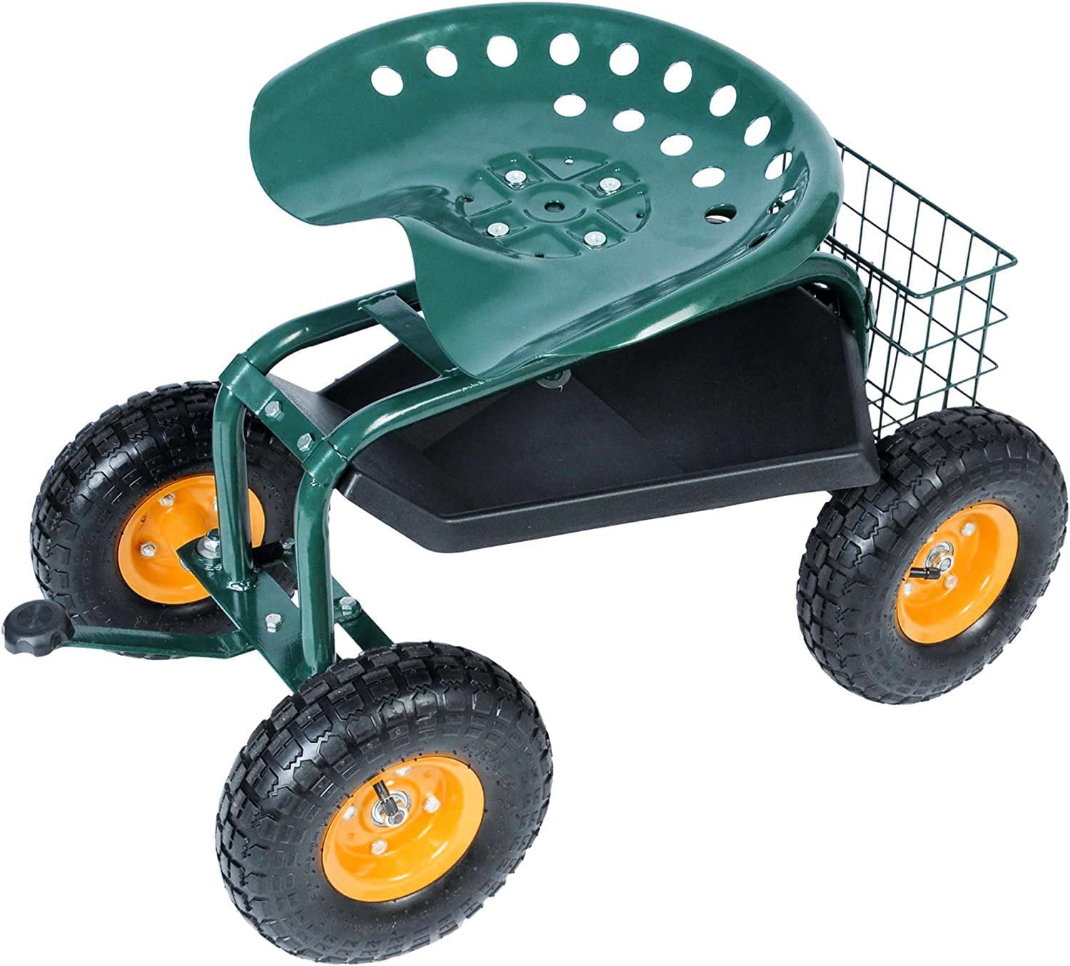 Steerable Rolling Work Seat Garden Stool Cart with Tool Tray and