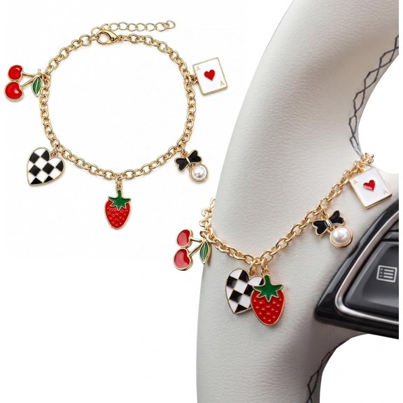 Steering Wheel Accessory - Strawberry Steering Wheel Chain for Automotive Protection Decor Rosary Pendant Rearview Mirror Charms Gifts for Women Men Driver