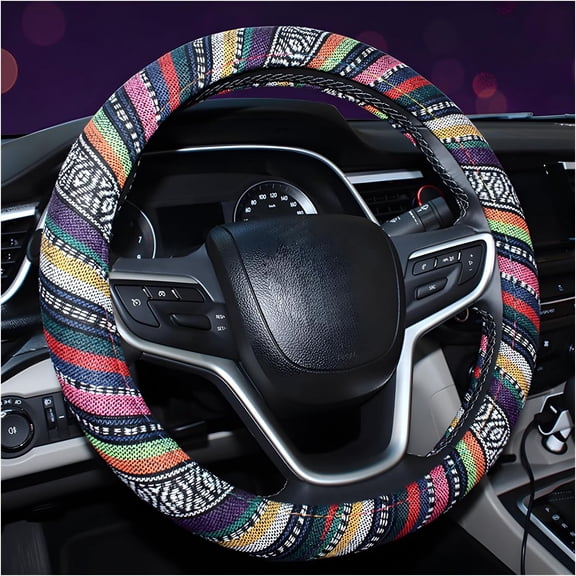 Steering Wheel Cover, 15 Inch Anti-Slip Ethnic Steering Wheel Protector, Breathable Flax Cloth Elastic Steering Wheel Cover, Car Accessories, Style B