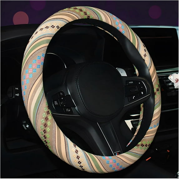 Steering Wheel Cover, 15 Inch Anti-Slip Ethnic Steering Wheel Protector, Breathable Flax Cloth Elastic Steering Wheel Cover, Car Accessories, Style G