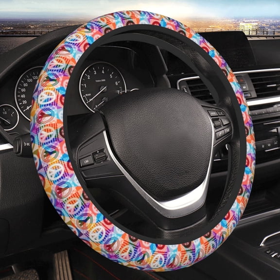 Steering Wheel Cover Anti-Slip Elastic Car Protective Universal 15 Inch Fit for Vehicles Auto SUVs , Hippy Peace Sign Hippie Patchwork