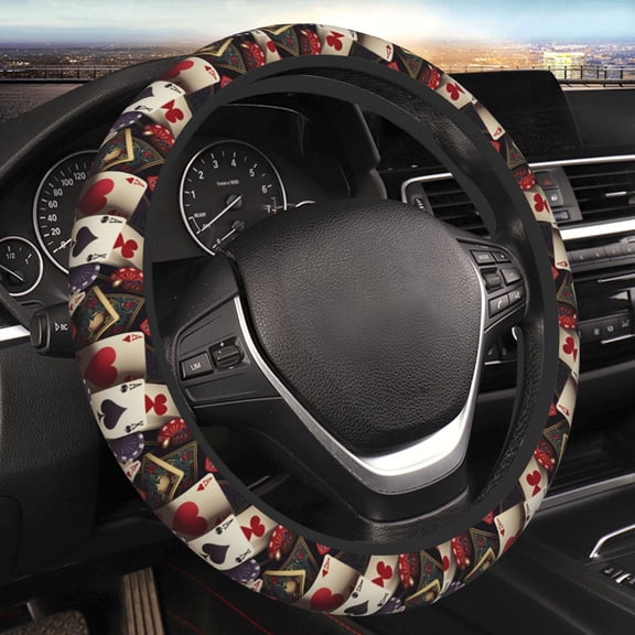 Steering Wheel Cover Anti-Slip Elastic Car Protective Universal 15 Inch Fit for Vehicles Auto SUVs , Playing Poker Cards Casino Retro