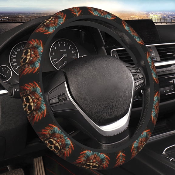 Steering Wheel Cover Anti-Slip Elastic Car Protective Universal 15 Inch Fit for Vehicles Auto SUVs , Skull Indian Chief Black