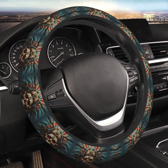 Steering Wheel Cover Anti-Slip Elastic Car Protective Universal 15 Inch Fit for Vehicles Auto SUVs , Skull Indian Chief Head Art