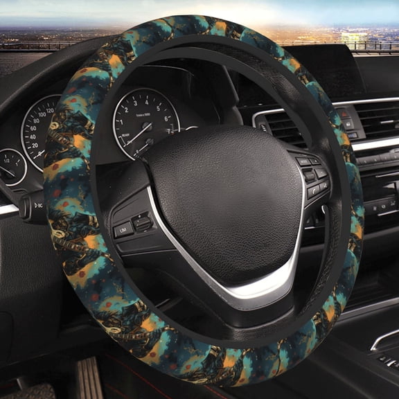Steering Wheel Cover Anti-Slip Elastic Car Protective Universal 15 Inch Fit for Vehicles Auto SUVs , Skull Playing Guitar Heavy Metal Rock Skeleton