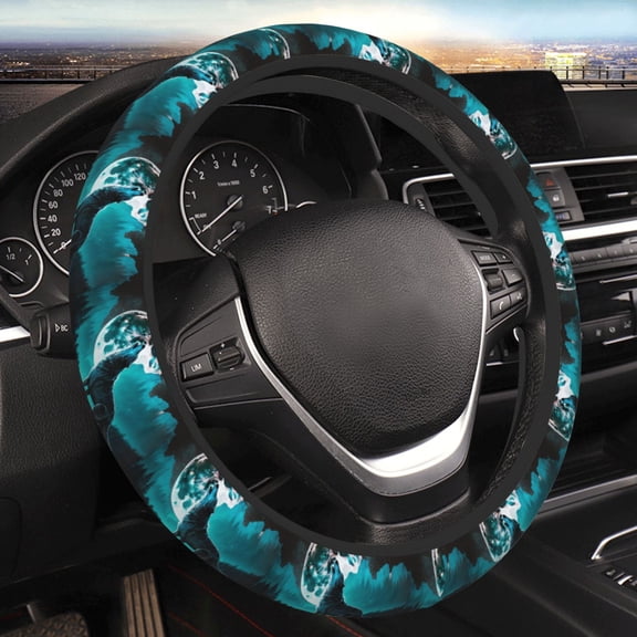 Steering Wheel Cover Anti-Slip Elastic Car Protective Universal 15 Inch Fit for Vehicles Auto SUVs , Wolf Howling River Night Moon Cool
