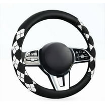 Steering Wheel Cover, Black and White Diamond Pattern, 15 Inch, Anti-Slip Leather, Black
