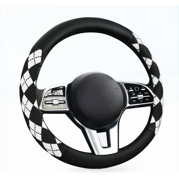 Steering Wheel Cover, Black and White Diamond Pattern, 15 Inch, Anti-Slip Leather, Black