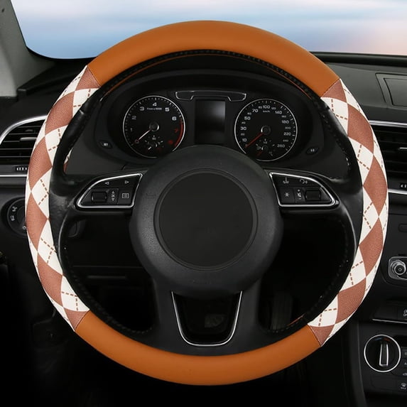 Steering Wheel Cover, Brown and White Diamond Pattern, 15 Inch, Anti-Slip Leather, Brown