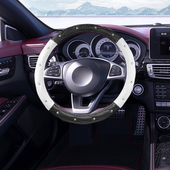Steering Wheel Cover, Czzoypi Sparkling Rhinestone Leather Steering Wheel Cover, Non-Slip Fashion Cute Car Interior Accessory Universal Fit 14.5-15 Inch, Black