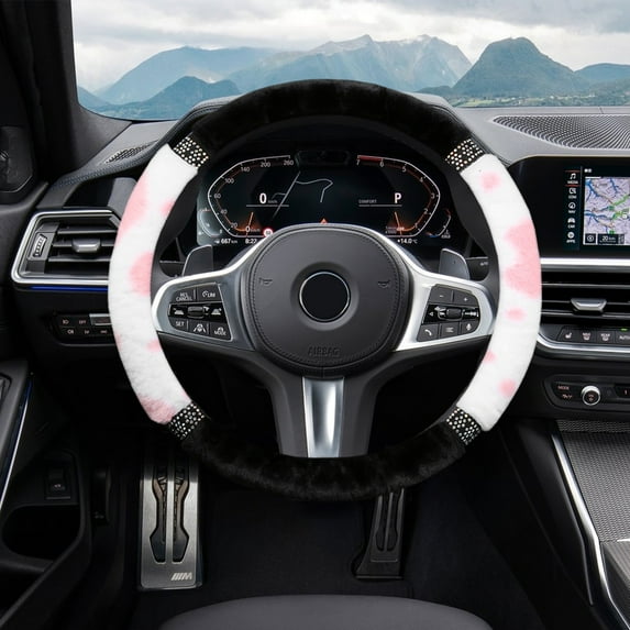 Steering Wheel Cover Elastic Plush Cow Print with Rhinestone Accents | Soft Warm Polyester Lint | Stylish Winter Auto Interior Accessory | Universal Fit | Pink | 1 Pack