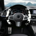 thumbnail image 1 of Steering Wheel Cover Elastic Plush Cow Print with Rhinestone Accents | Soft Warm Polyester Lint | Stylish Winter Auto Interior Accessory | Universal Fit | Pink | 1 Pack, 1 of 6