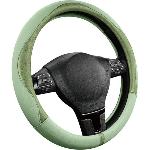 Steering Wheel Cover, Green Patterned Leather Patchwork Design, Universal Fit 14.5"–15.5", Anti-Slip, Odor-Free, Soft PU Grain Leather, Durable Grip Car Accessory for Girls & Women