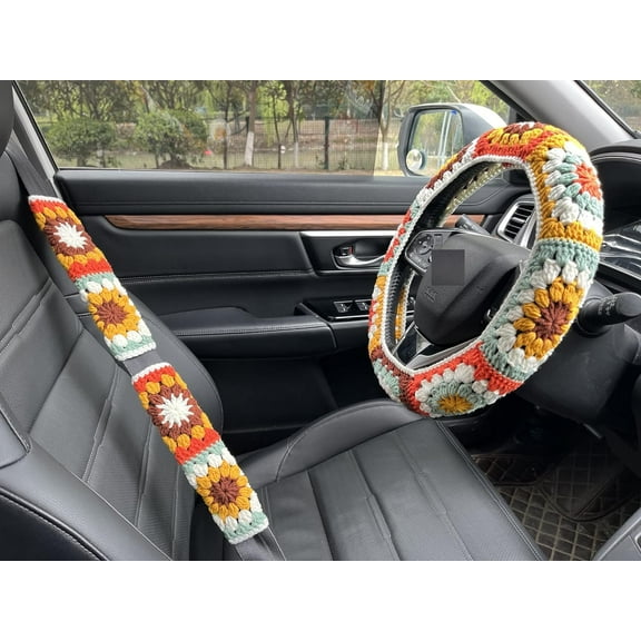 Steering Wheel Cover,Handmade Crochet Rainbow Sunflower Granny Square Steering Wheel Covers (Steering Wheel Cover+2 Belt Cover)