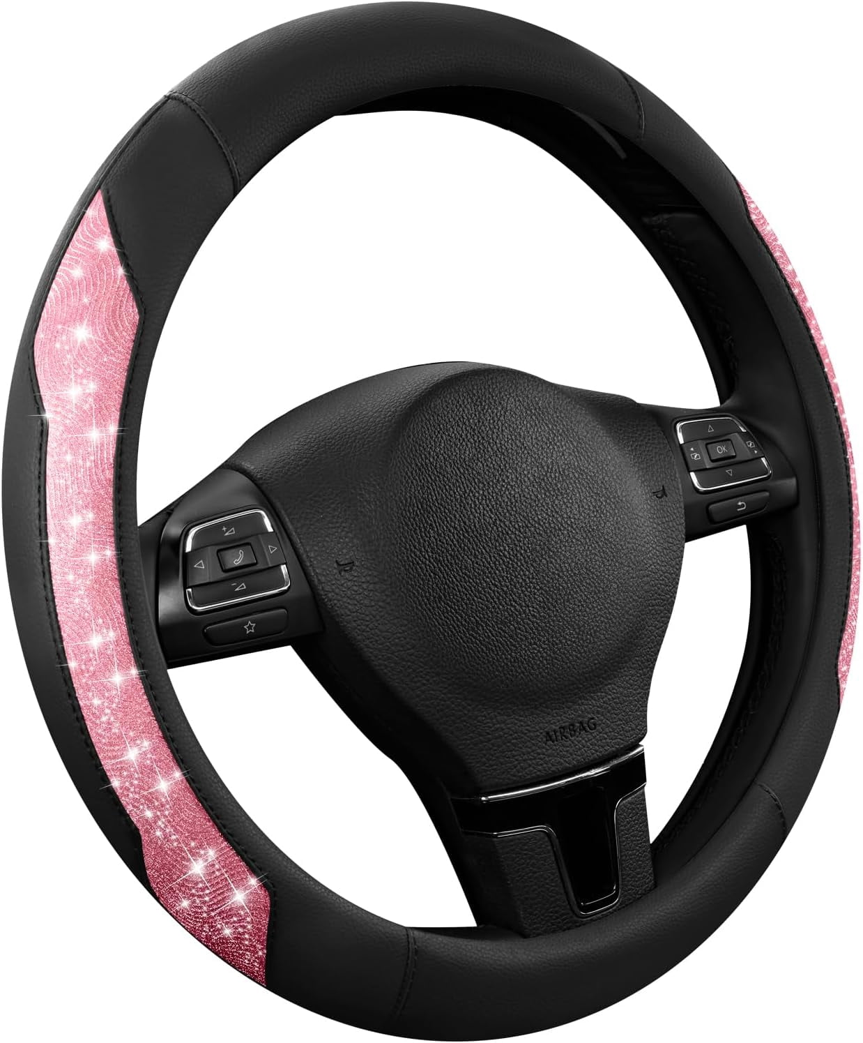 Steering Wheel Cover, Hot Pink Sparkly Crystal Bling Glitter with Leather, Universal Fit 14.5"-15.5" Car Steering Wheels for Girls & Women, Anti-Slip Wheels Cover for Cars, Trucks, Van, SUVs