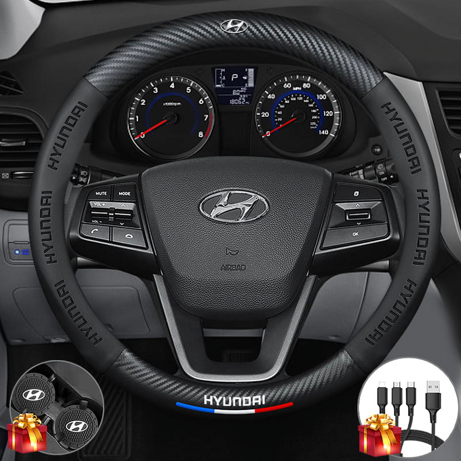 Steering Wheel Cover for Hyundai, Nappa Premium Leather Carbon Fiber
