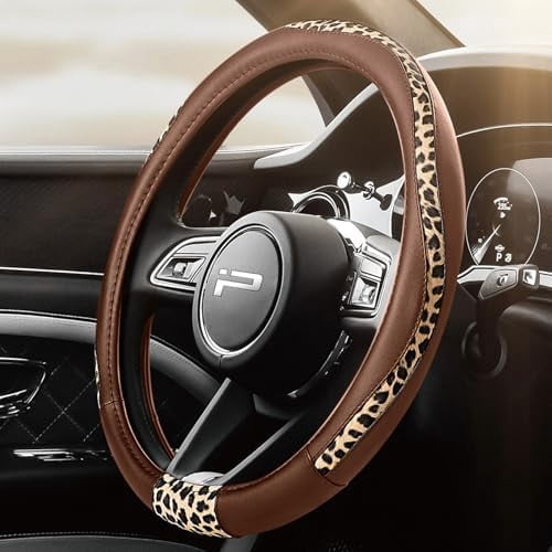Steering Wheel Cover - Made with PVC Leather and Leopard Fabric - Universal 14 1/2 inches to 15 inches for Most Automotive Steering Wheel - Cheetah Print - Brown