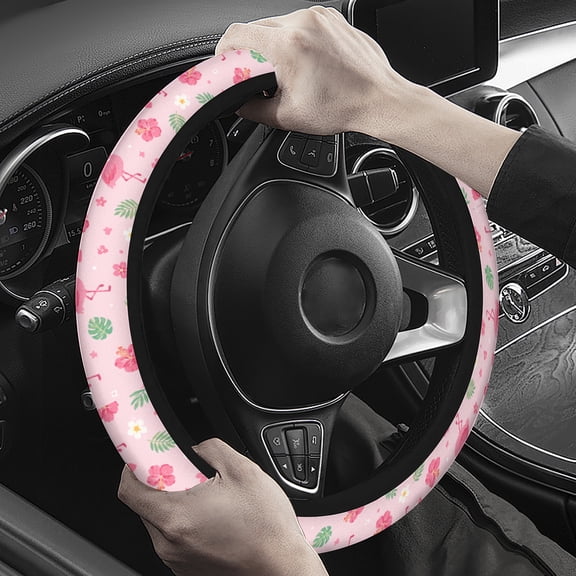 Steering Wheel Cover with Pink Flamingo, Tropical Flower and Leaf Pattern, Soft Plush Comfortable Grip, Cute Car Interior Accessory for Everyday Driving and Travel