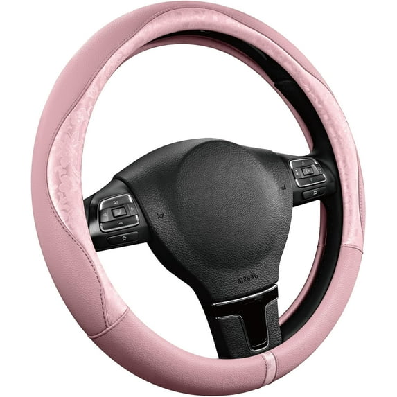 Steering Wheel Cover, Pink Patterned Leather Patchwork Design, Universal Fit 14.5"–15.5", Anti-Slip, Odor-Free, Soft PU Grain Leather, Durable Grip Car Accessory for Girls & Women