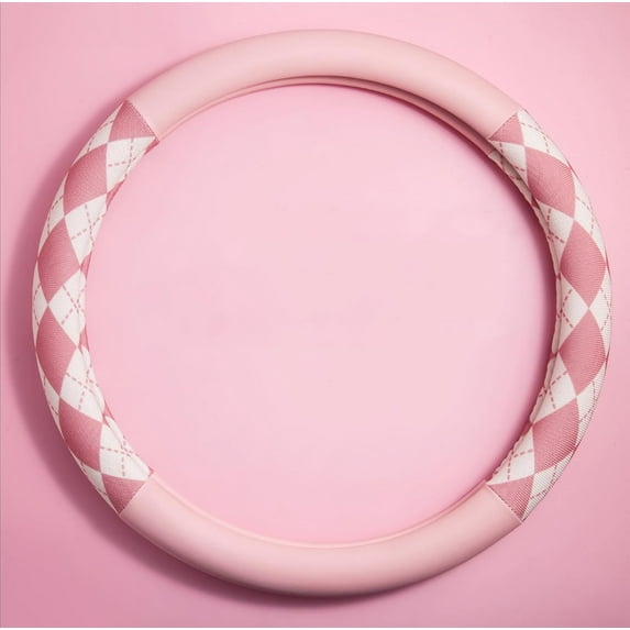 Steering Wheel Cover, Pink and White Diamond Pattern, 15 Inch, Anti-Slip Leather, Pink