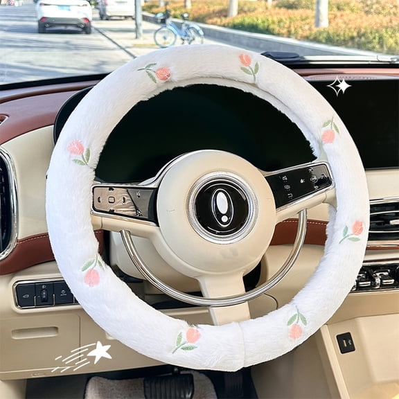 Steering Wheel Cover - Plush Steering Wheel Cover for Women Winter Warm Fuzzy Cute Cartoon Embroidered Non-slip Soft Car Wheel Cover Universal Fit Vehicle Interior Accessories , 15x15" A