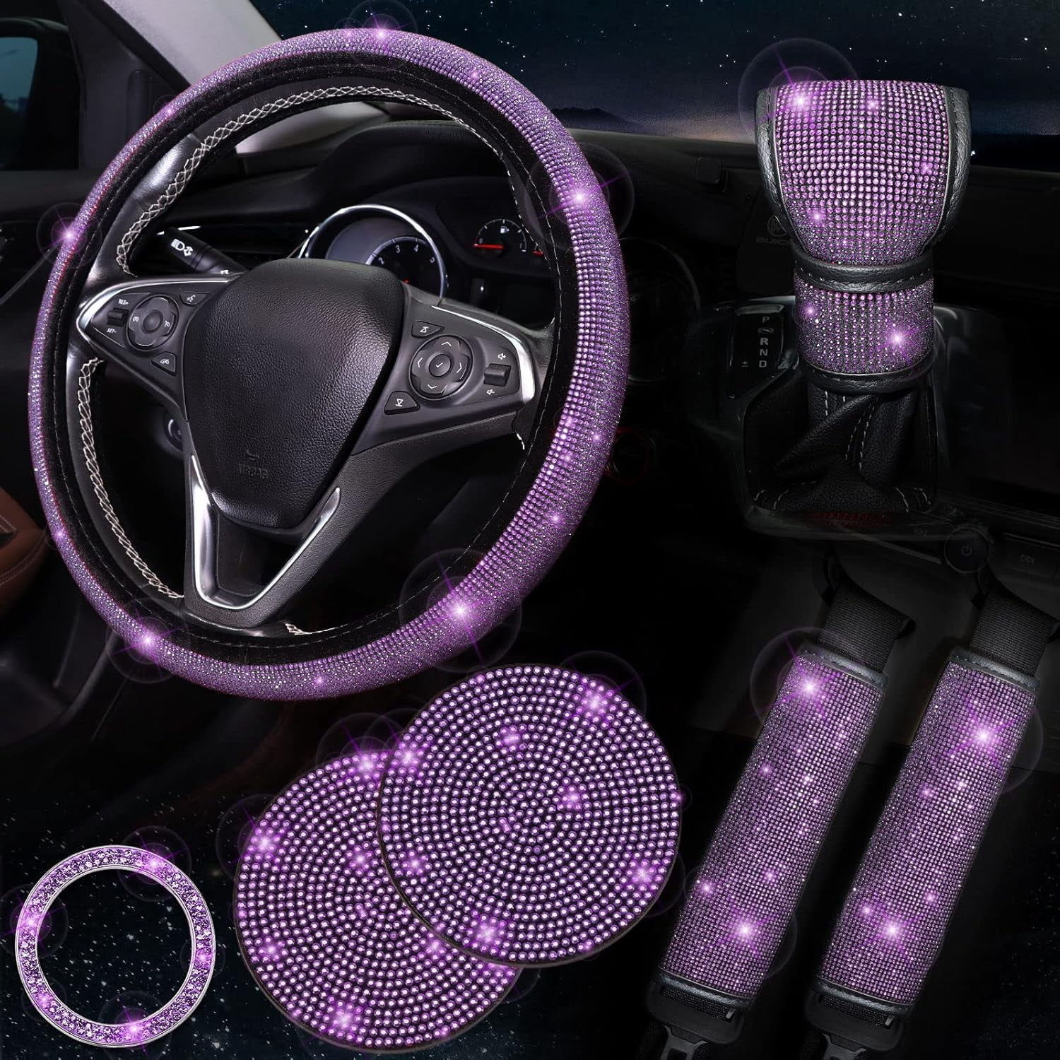 Steering Wheel Cover Set for Women & Girls, 7-Pack Crystal Diamond Rhinestone Car Accessories - Seat Belt Cover, Gear Shift Cover, Car Bling Ring, Cup Holder Coasters in Purple
