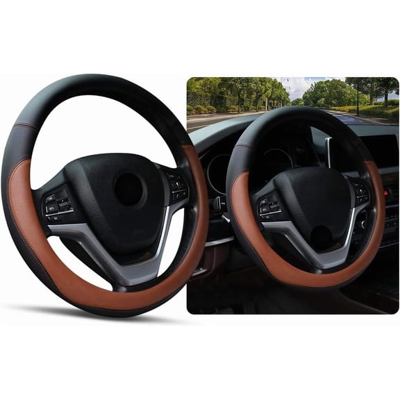 Steering Wheel Cover, Soft Leather Premium Durable Elastic Auto Wheel Cover Protector, Stretch Breathable Anti-Slip Lining, Universal 14.5-15 Inch Car Interior Accessories, Coffee
