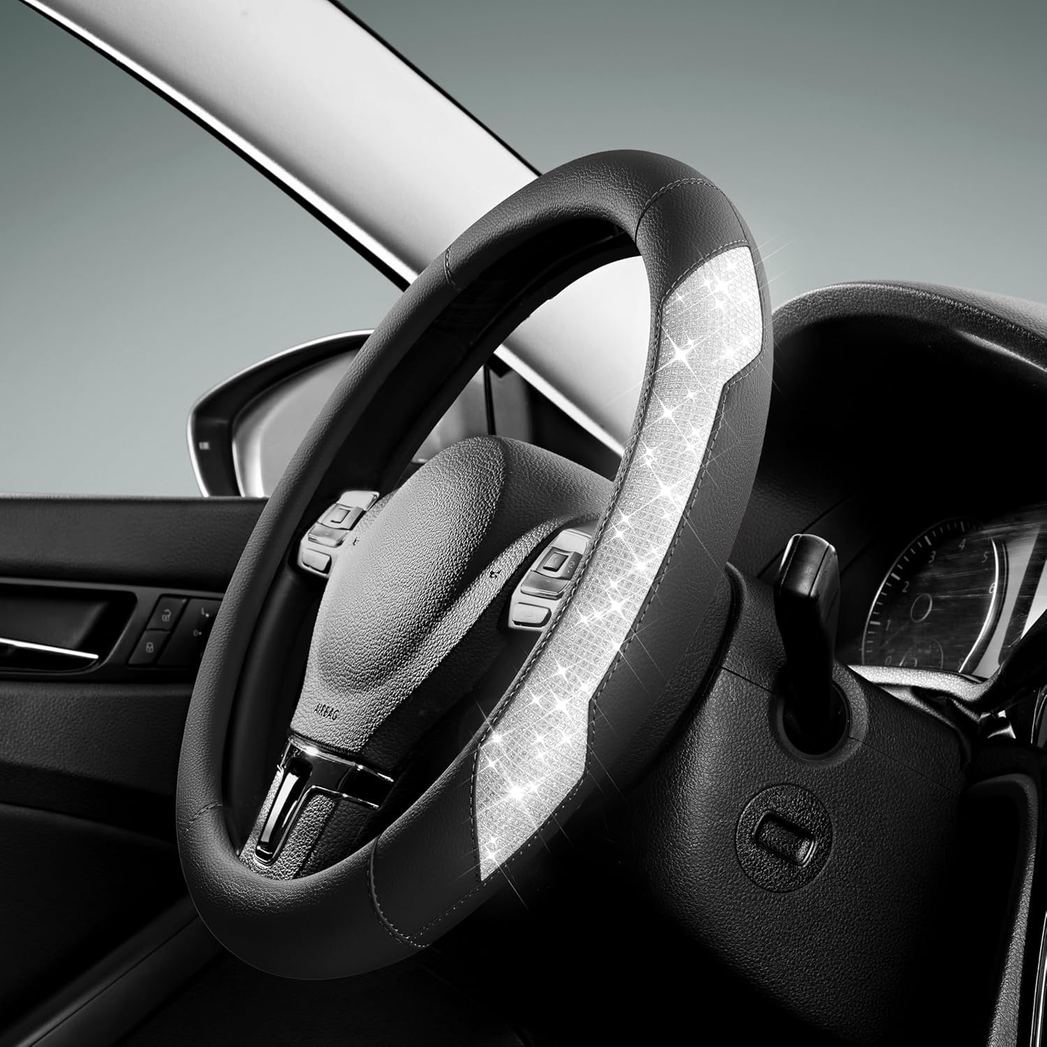 Steering Wheel Cover, Sparkly Crystal Bling Glitter with Black Leather, Universal Fit 14.5"-15.5" Car Steering Wheels for Girls & Women, Breathable Anti-Slip Steering Wheels Cover