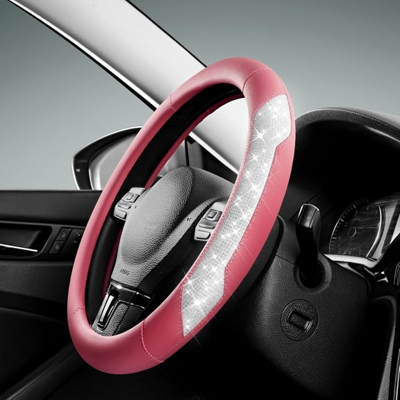Steering Wheel Cover, Sparkly Crystal Bling Glitter with Hot Pink Leather, Universal Fit 14.5"-15.5" Car Steering Wheels for Girls & Women, Breathable Anti-Slip Steering Wheels Cover