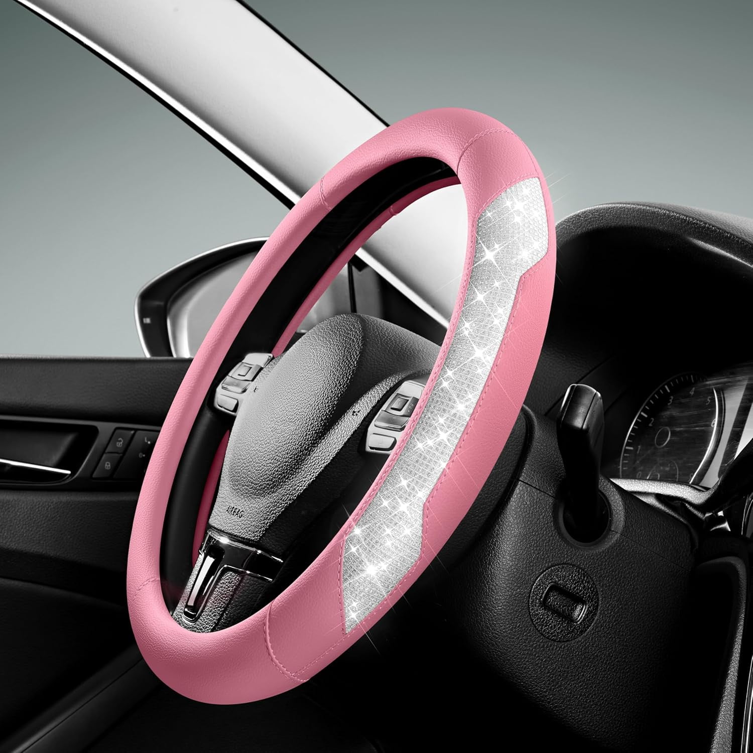 Steering Wheel Cover, Sparkly Crystal Bling Glitter with Pink Leather, Universal Fit 14.5"-15.5" Car Steering Wheels for Girls & Women, Breathable Anti-Slip Steering Wheels Cover
