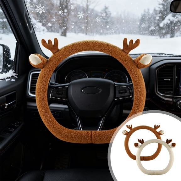 Steering Wheel Cover Teddy Bear Fleece | Winter Plush Car Accessory | D-Shaped Protective Sleeve | Warm Nonslip Grip | Fits 14-15 Inch | Women's Brown White Durable Interior Trim