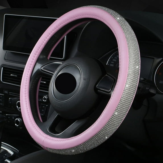 Steering Wheel Cover Women Bling Diamond Leather Anti-Slip Universal Fit 15 Inch
