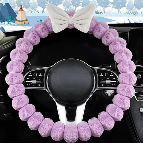 Steering Wheel Cover with Fuzzy Bow Design for Women Universal Car Accessory for Diverse Cars Purple O-Shaped, Diameter 15 Inches
