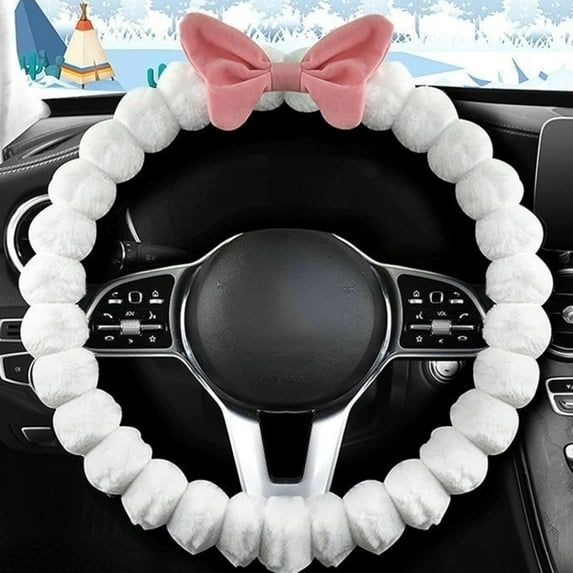 Steering Wheel Cover with Fuzzy Bow Design for Women Universal Car Accessory for Diverse Cars White O-Shaped, Diameter 15 Inches