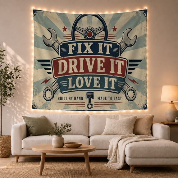 Steering Wheel Above Fix It, Drive It, Love It Banners, Energetic Retro for Car Fans, Mechanic Wall Art, Father's Day Gift, Tapestry Wall Hanging for Garage, Workshop and Den
