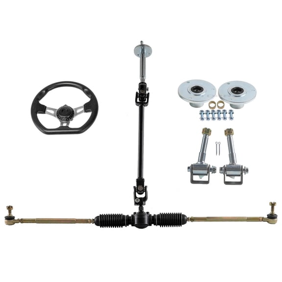 Steering Wheel Kit, Front Steering Gear Rack Joint Tie Rod & Wheel Assembly, Front Axle Kit Front Steering Assy Go Kart Drift Trike Tie Rod Wheel Hubs Ball Joint for DIY ATV Quad Go Kart Cart