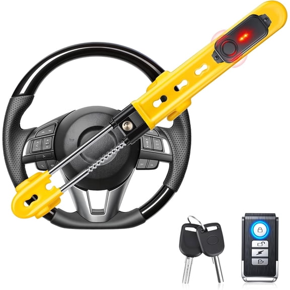 Steering Wheel Lock with 113dB Alarm, Heavy Duty Wireless Remote Anti-Theft Car Device, Car Security Adjustable Car Lock Car Alarm System for Vehicle Auto Truck Van SUV with 2 Keys (Yellow)