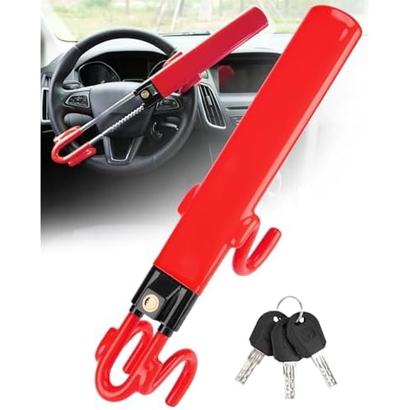 Steering Wheel Lock Anti-Theft Car Device Heavy Duty Security Car Lock Antitheft Locking Devices Great Deterrent Adjustable Car Wheel Lock Anti Theft for Vehicle Truck SUV with 3 Keys (Red)