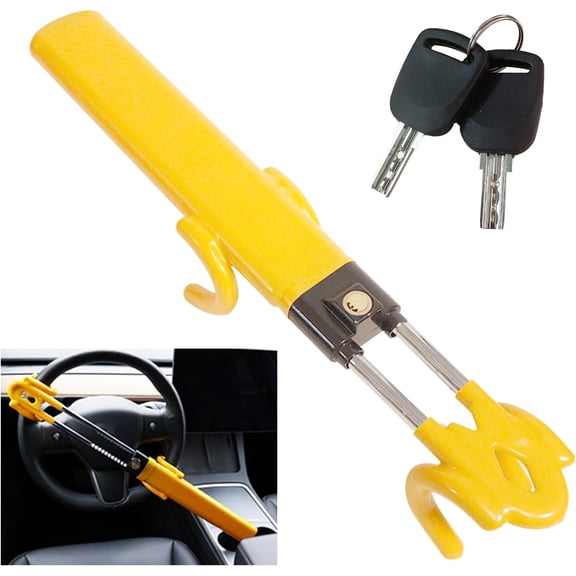 Steering Wheel Lock Anti-Theft Device Heavy Duty Security Car Lock with Double Hooks Adjustable Length Universal Anti Theft Steering Wheel Locks with 2 Keys for Car Trailer Truck Van and SUV, Yellow