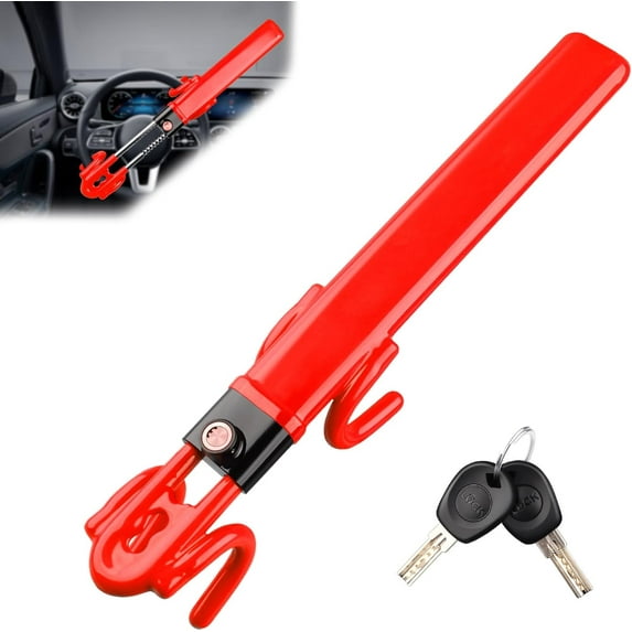 Steering Wheel Lock, Heavy Duty Anti-Theft Car Device with Double Hooks Design for Enhanced Vehicle Protection, Adjustable Length Locking with 2 Keys Universal Fit, Red
