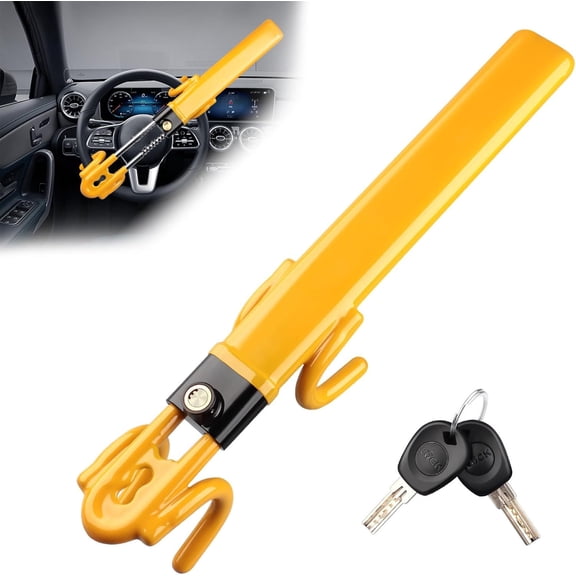 Steering Wheel Lock, Heavy Duty Anti-Theft Car Device with Double Hooks Design for Enhanced Vehicle Protection, Adjustable Length Locking with 2 Keys Universal Fit, Yellow