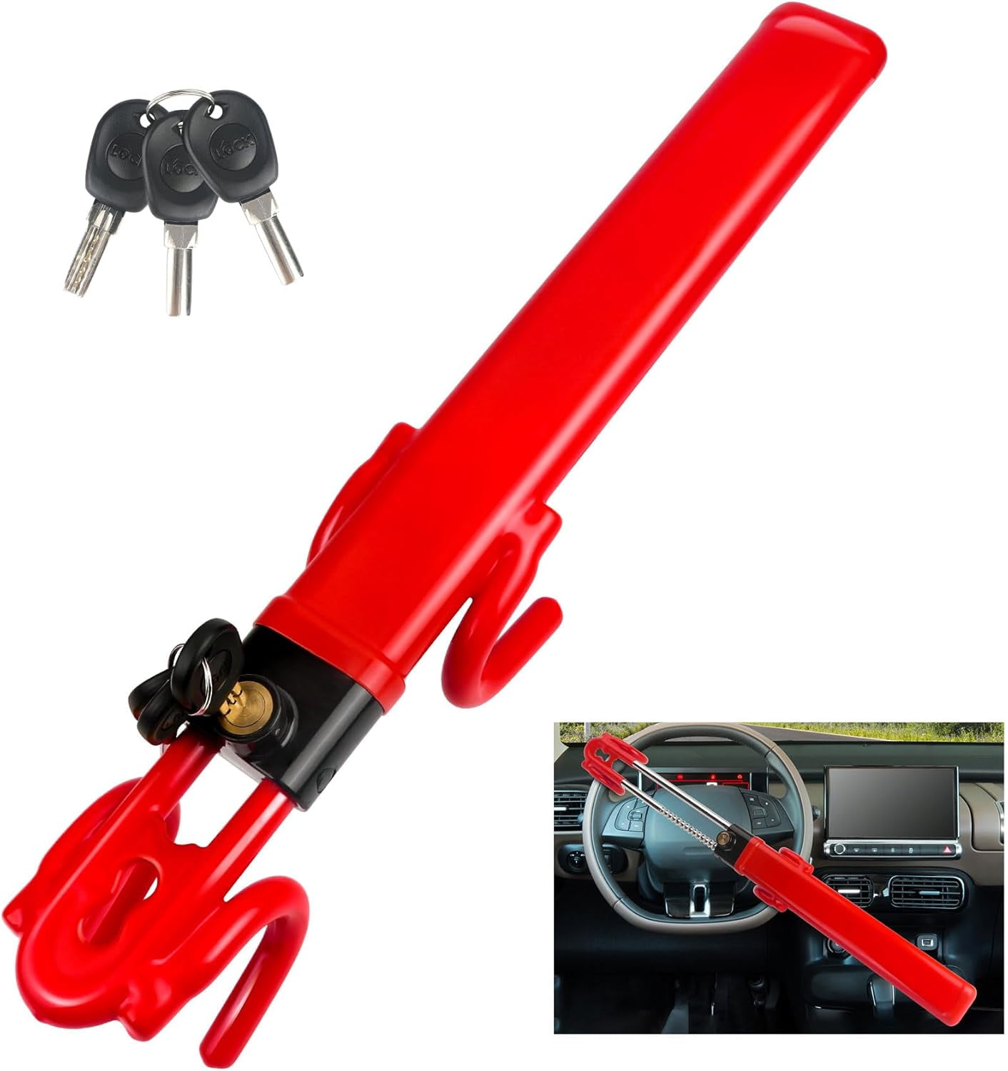 Steering Wheel Lock Heavy Duty Antitheft Device and Car Security Lock Car Security Lock with Adjustable Length Clamp Double Row Atom Keys for Vehicle Truck SUV with 3 Keys (Red)