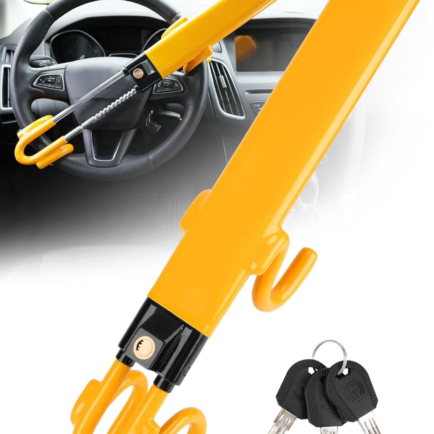 Steering Wheel Lock - Heavy Duty Antitheft Device and Car Security Lock with Adjustable Locking and 3 Keys - Great Vehicle and Truck Deterrent
