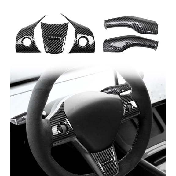 Steering Wheel Panel Wrap Cover Trim Kit And Gear Shifter Cover Replacement For 2020-2024 Tesla Model Y Interior Accessories Black (5pcs/Set, Glossy Carbon)