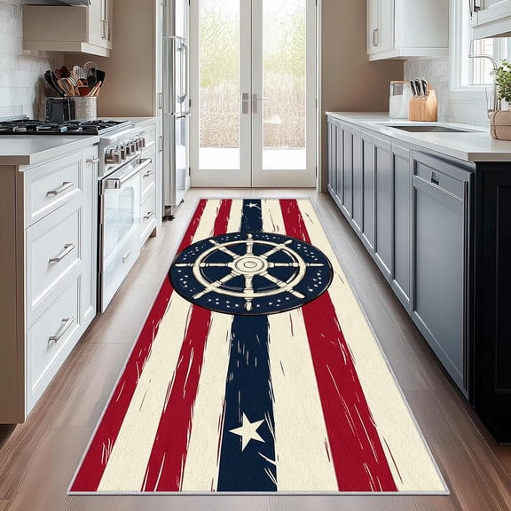 Steering Wheel Runner Rug 4x8 - Hallway Runner Rug Ocean Adventure Theme Pattern, Non Slip, Washable, Steering Wheel Home Decor Carpet for Kitchen, Entryway, Bedroom, Laundry Room D159