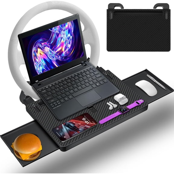 Steering Wheel Tray, Car Food Tray, Car Desk for Laptop, Multipurpose Car Table for Eating & Work, Adjustable Car Tray with Drawer and Anti-Slip Protective Adhesive (Carbon Fiber Texture Black)