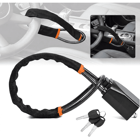 Steering Wheel and Seat Belt Lock – 17" Adjustable Anti-Theft Device Fits Cars, SUVs, Vans & Golf Carts with 2 Built-in Key